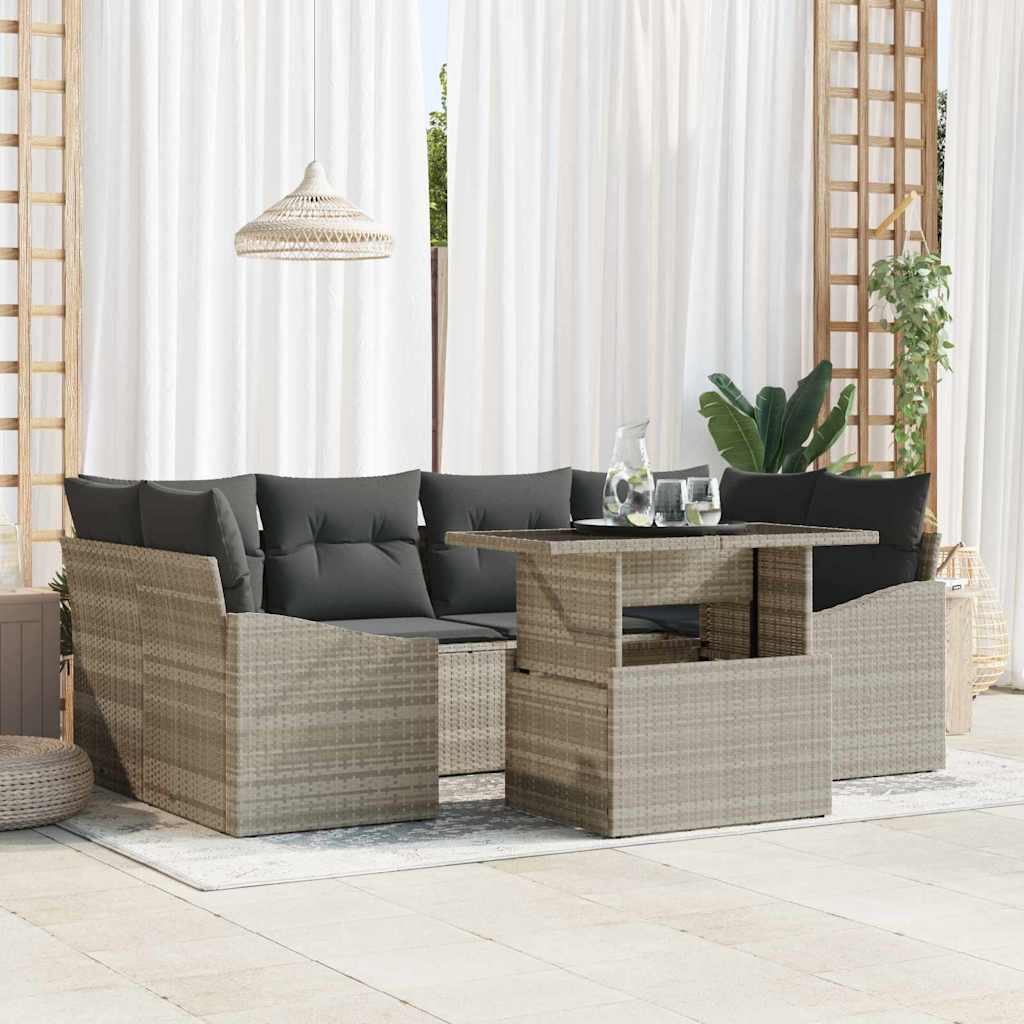 Garten-Sofa-Set mit Speicher 7 pcs Hellgrau Poly Rattan